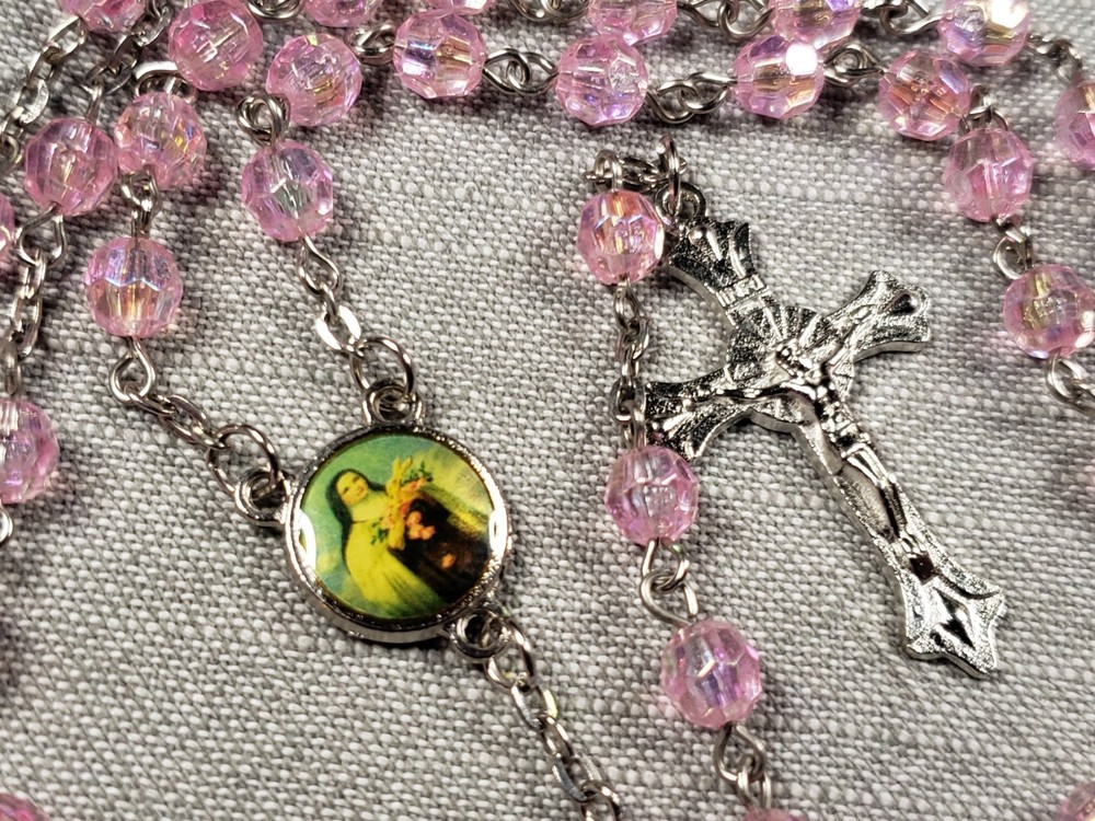 Beautiful Rosary St Therese Pink Beads Christian Religious Gift C66