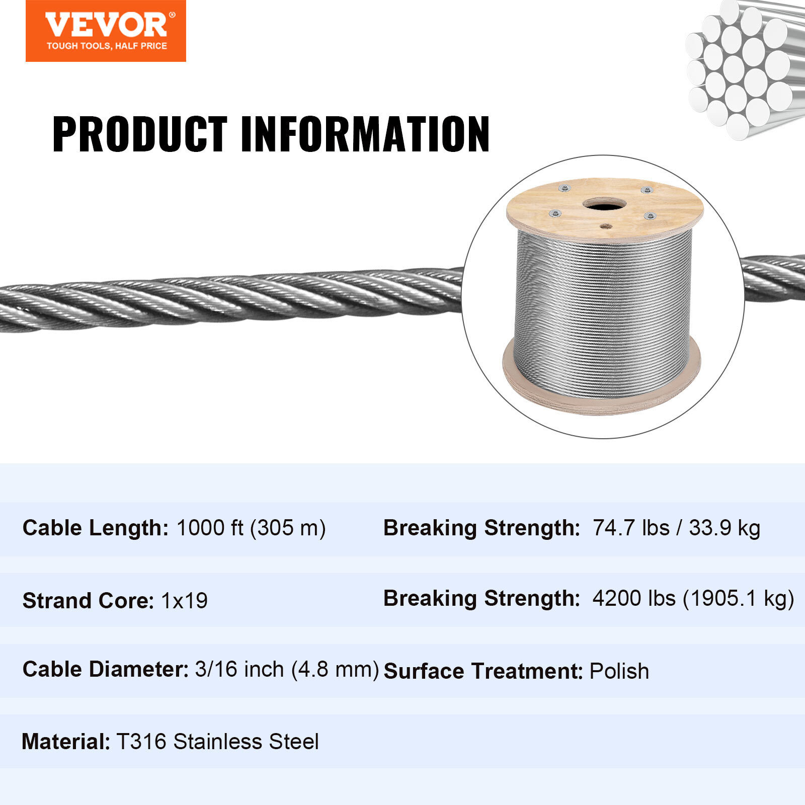 VEVOR T316 Stainless Steel Cable 3/16"x1000ft Wire Rope Cable Railing 1x19