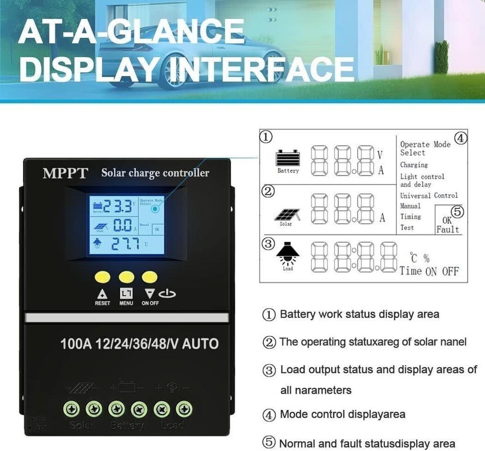 100A MPPT Solar Charge Controller LCD Display Battery Intelligent Regulator US