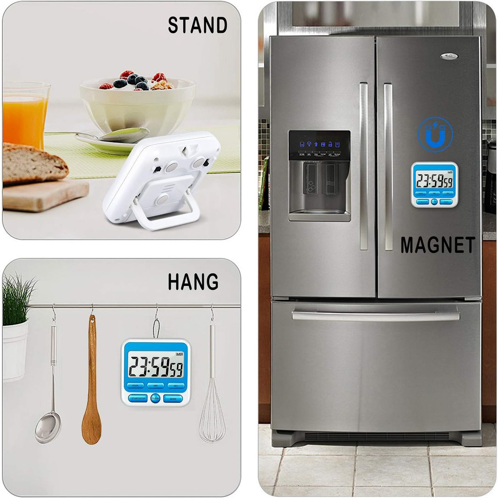 Digital Kitchen Timer with Mute/Loud Alarm Switch On/Off Switch, 12-Hour Clock &