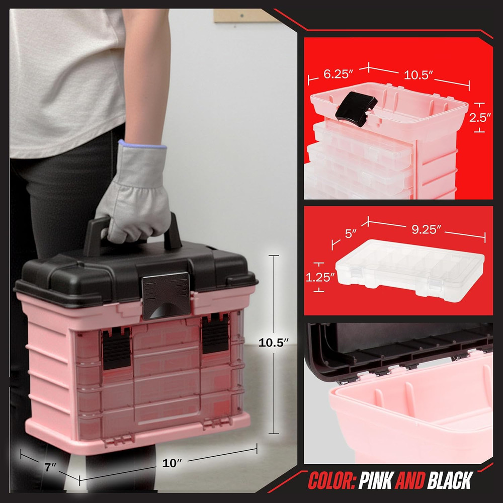 Pink Tool Box Organizer with Removable Compartments – Portable Storage Case for