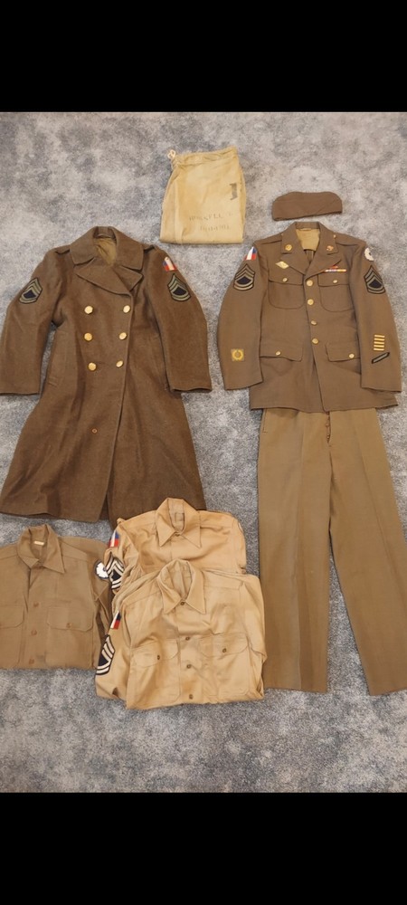 WWII Uniform Grouping - WW2 Sergeant Uniform Set - Jacket, Pants, Overcoat Etc
