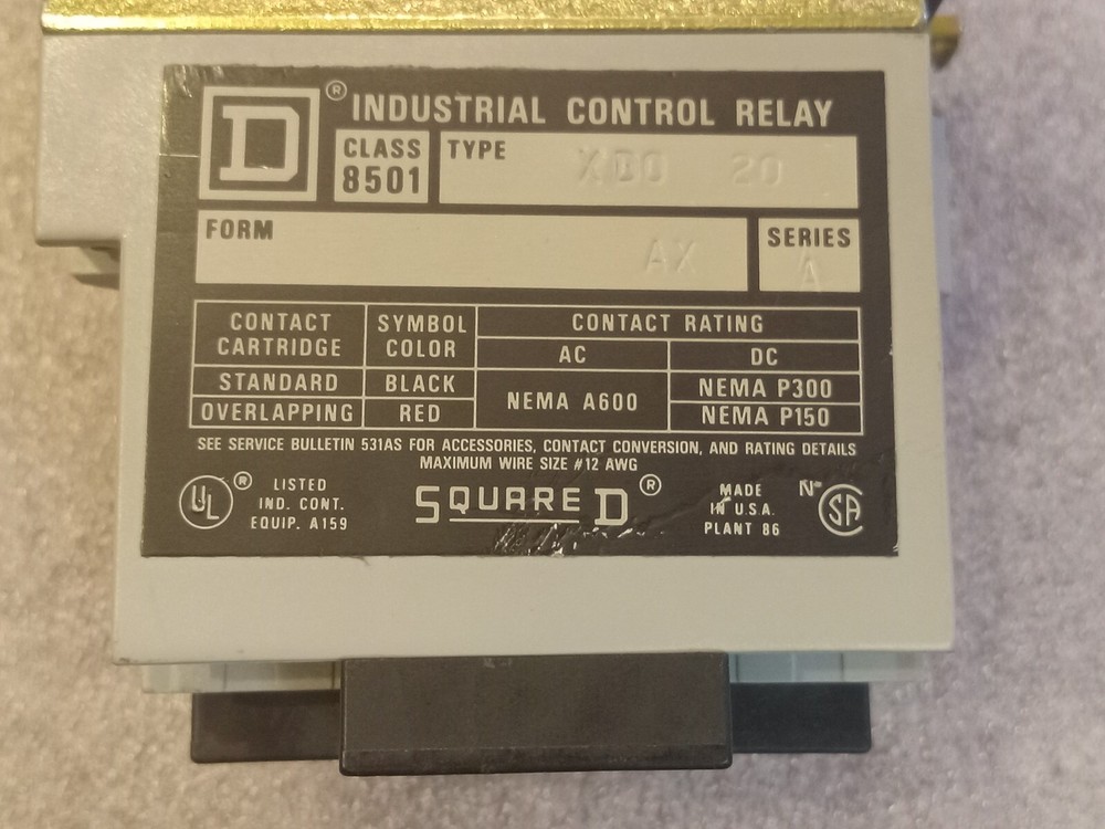 SQUARE D 8501-XDO 20 FORM AX SERIES A RELAY