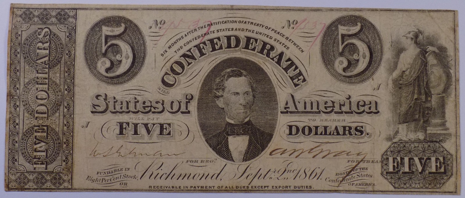 1861 $5 Confederate States of America T-34 Fine