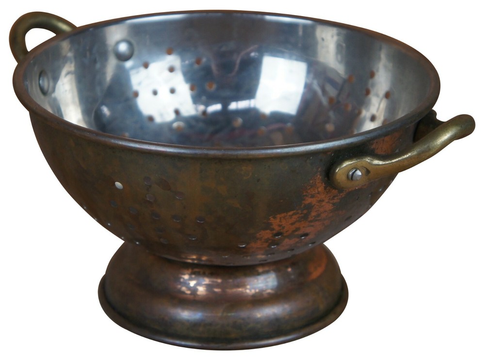 Vintage Stainless Copper Brass Handled Strainer Colander Kitchen Cookware 8"