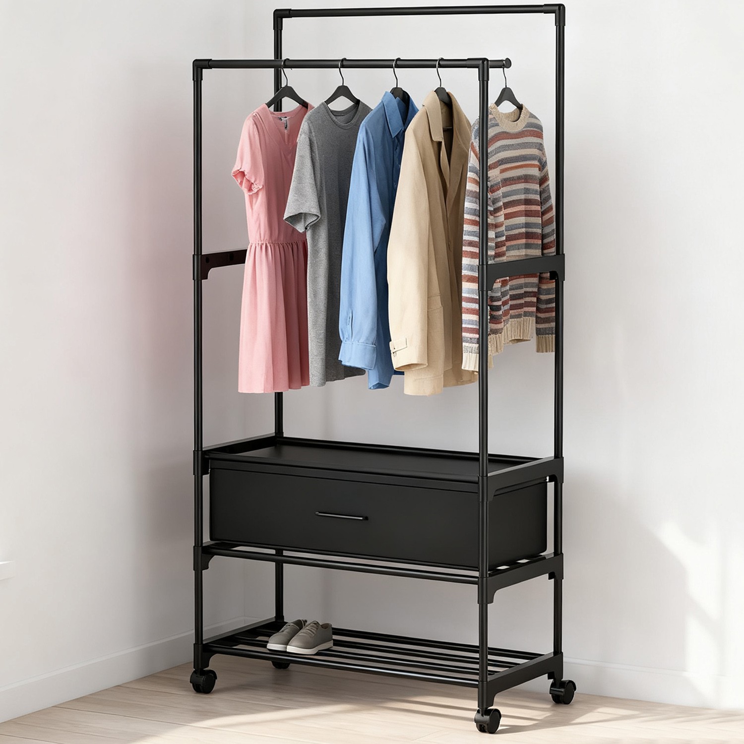 3-Tiered Garment Rack w/ Storage Bag Rolling Clothes Organizer Dual Rods Hanging
