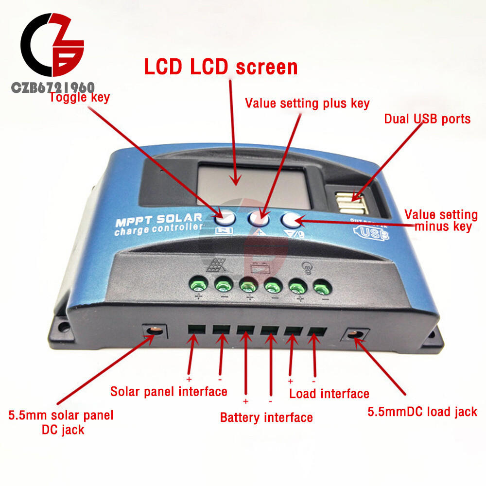 12V 24V MPPT DC Solar Charging Controller Dual USB LCD Screen 30A/40A/60A/80A