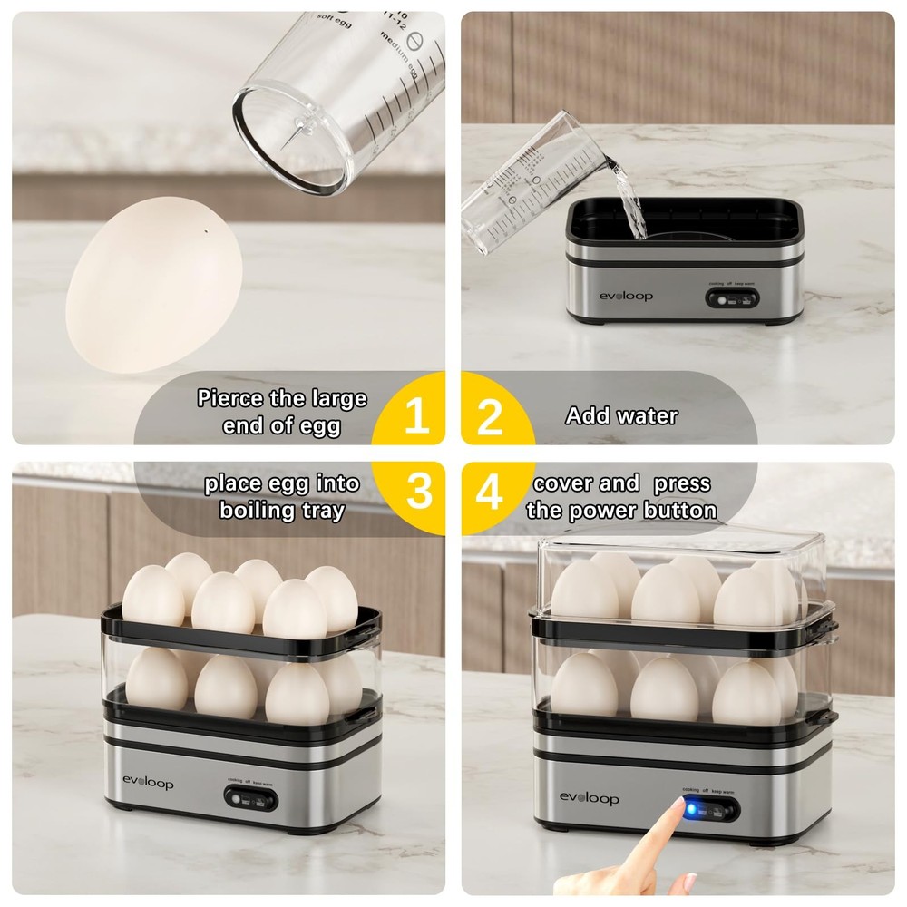 Evoloop Rapid Egg Cooker Electric 12 Eggs Capacity, Soft, Medium, Hard Boiled, P