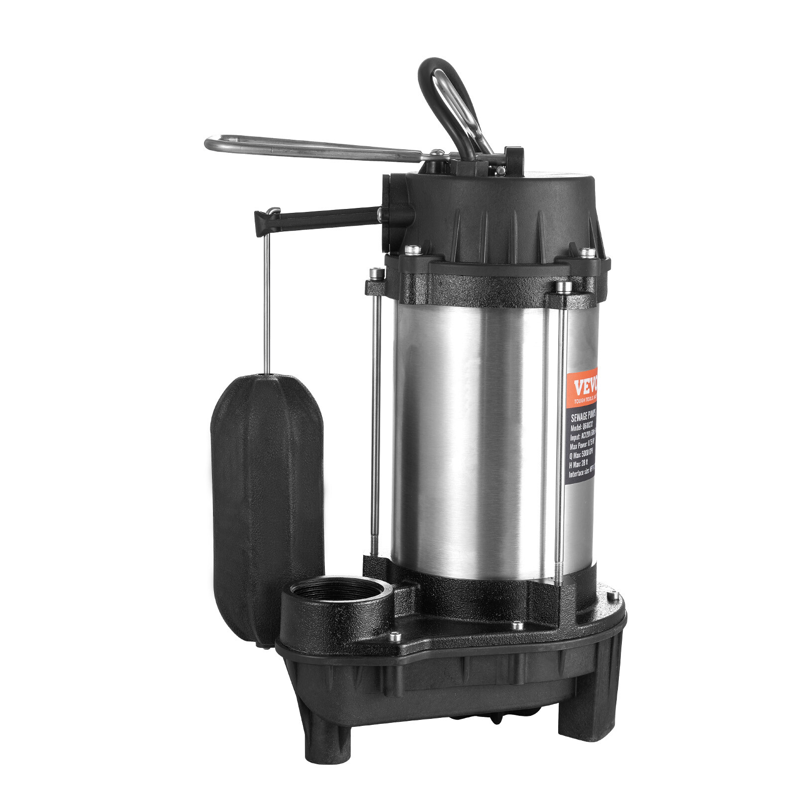 VEVOR Submersible Sewage Pump Water Pump 0.75HP 5000GPH 28 ft Lift for Basement