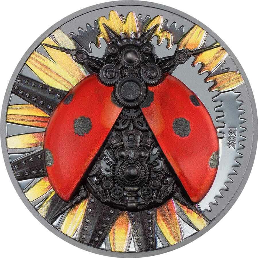 2021 Mongolia Clockwork Evolution MECHANICAL LADYBUG 3 Oz Silver Proof Coin.