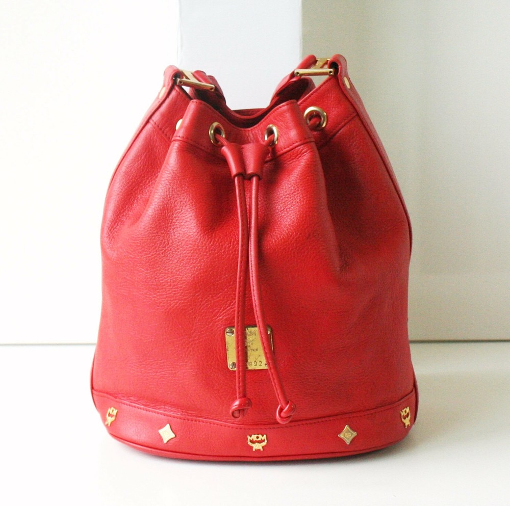 Vintage MCM Leather Drawstring Shoulder Cross handbag Red authentic