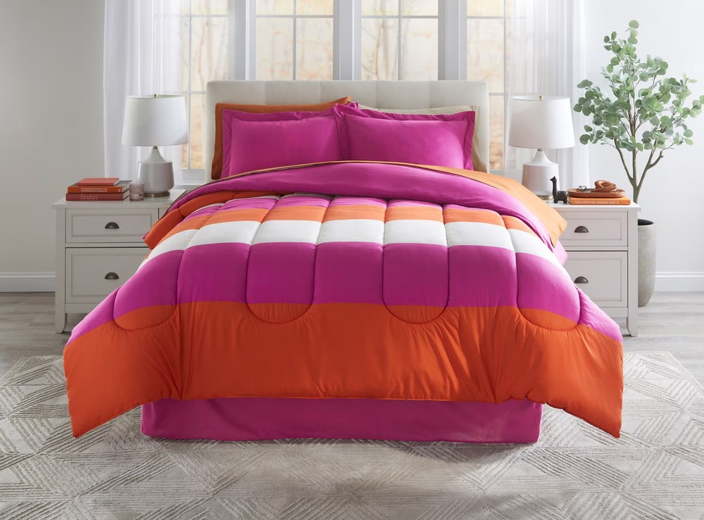 BrylaneHome BH Studio Reversible Comforter - Queen, Raspberry Orange