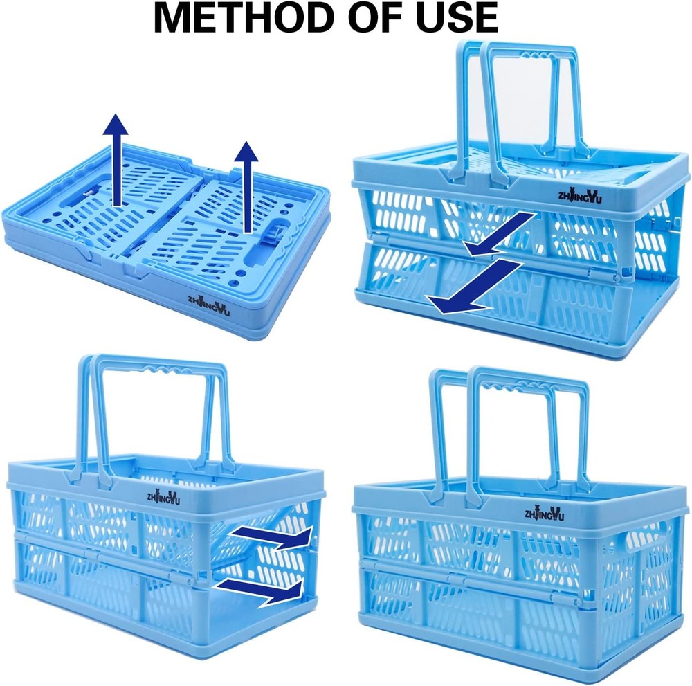Collapsible Milk Crate – Foldable Plastic Basket with Handles, Blue, Small