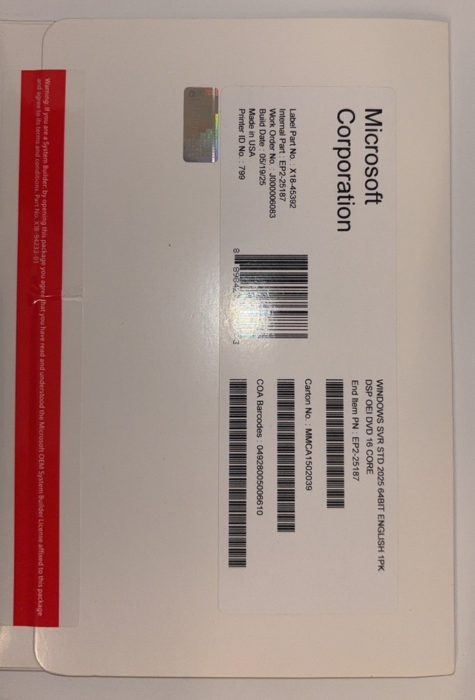 Microsoft Windows Server STD 2025 OEM DVD 16 Core English Windows Server 2025