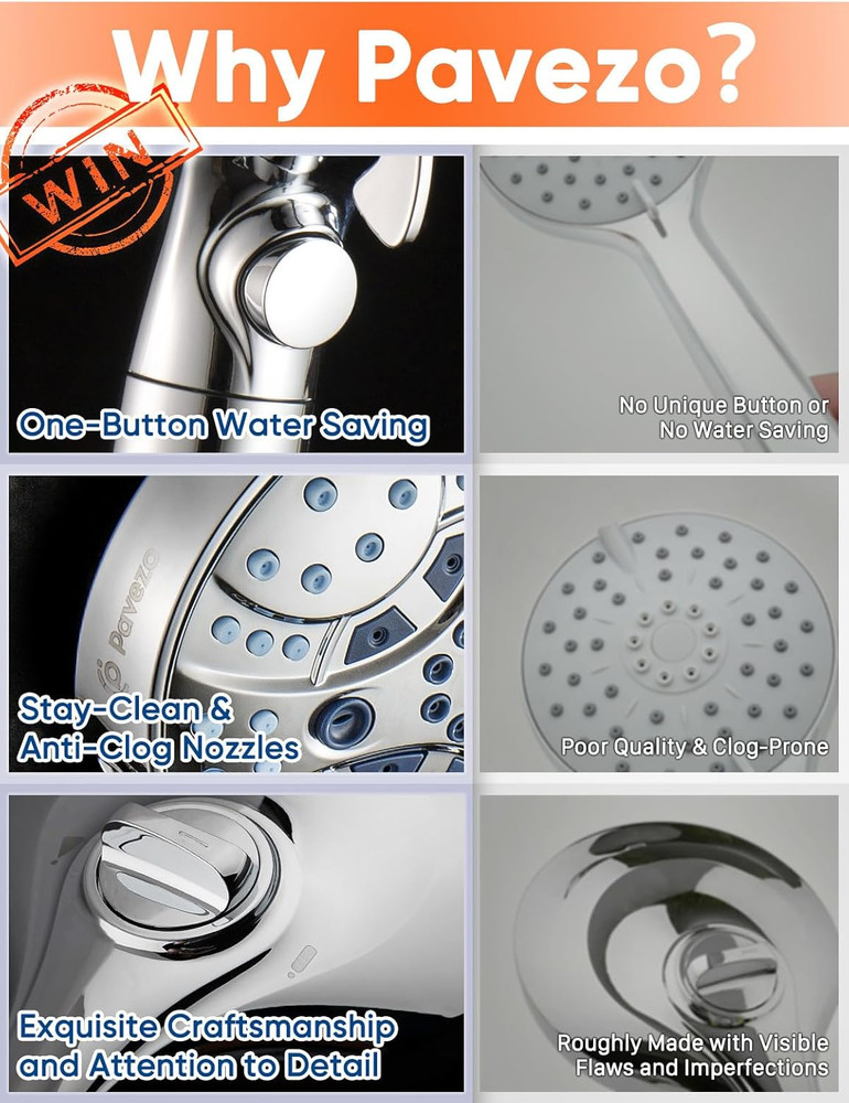 ® High Pressure Handheld Shower Head with Filter, ON/OFF Switch Pause Button, 10