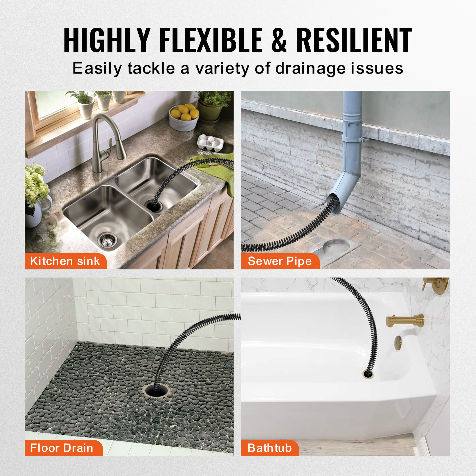 VEVOR Sectional Drain Cleaning Cable 66FTx5/8In & 7 Cutters for 0.8"-3.9" Pipes