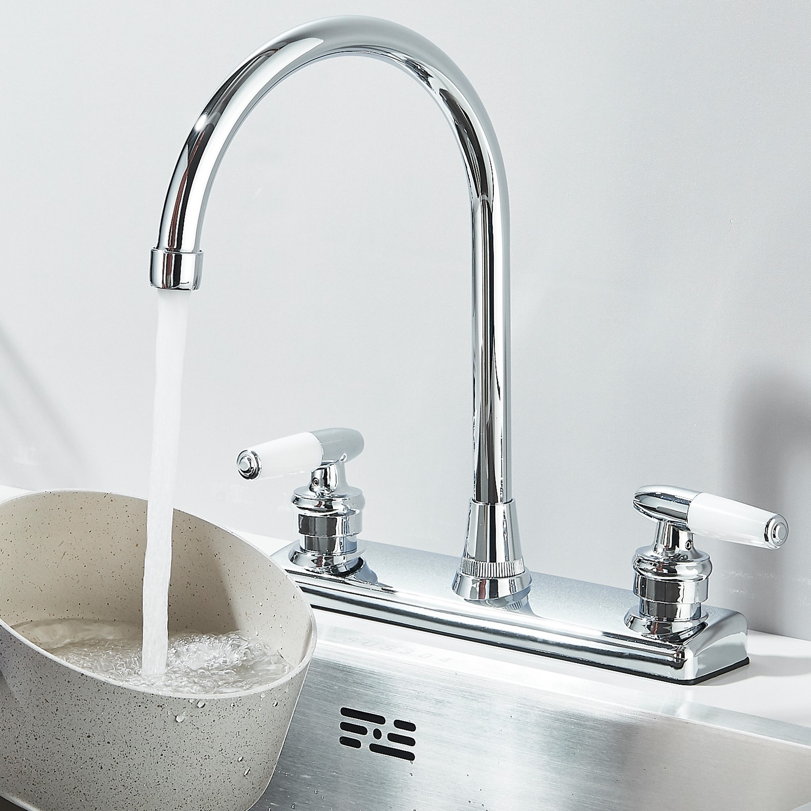 Chrome High Arc Kitchen Faucet 8 inch Centerset 3 Hole 2 Handle Sink Mixer Taps