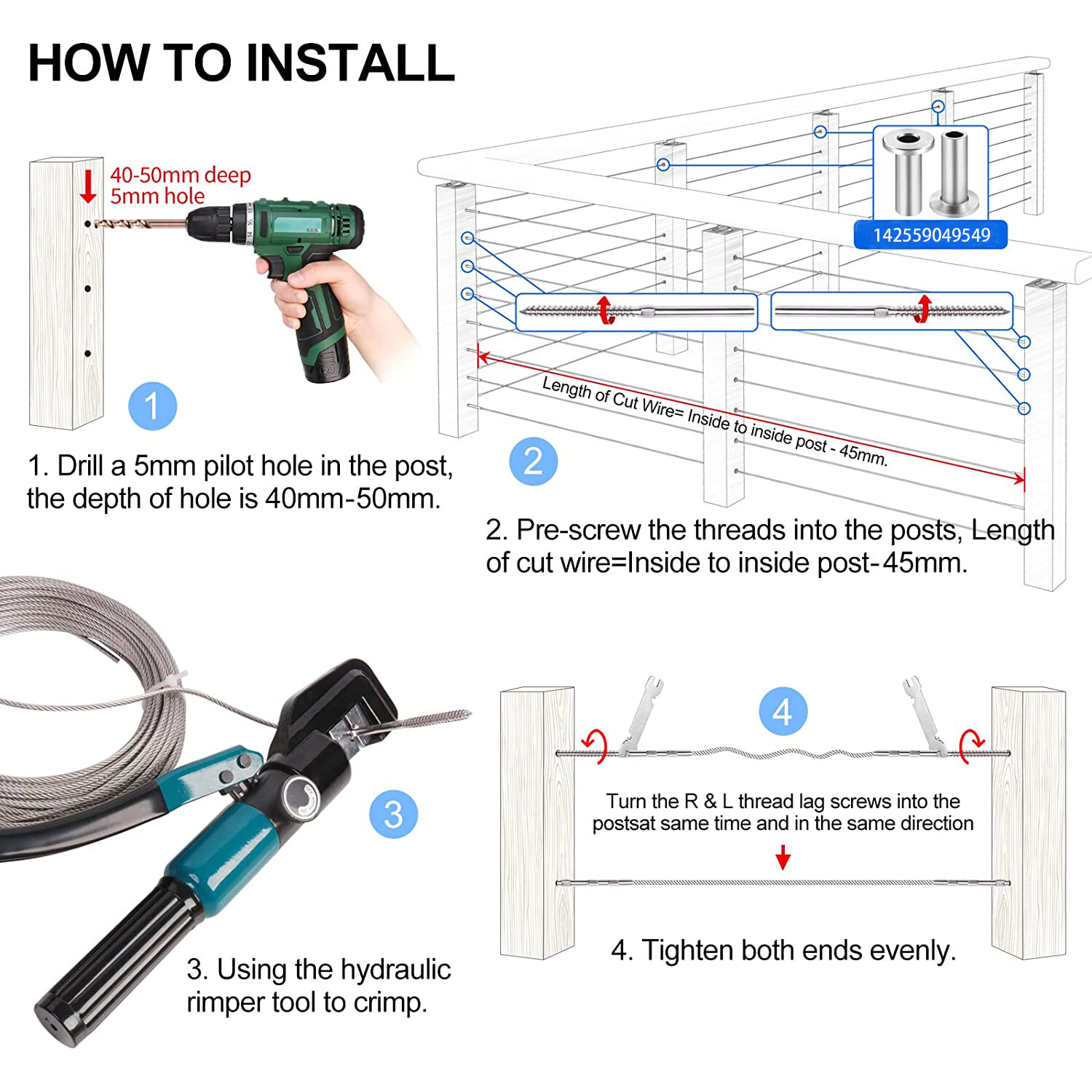 T316 Stainless Steel Lag Stud Hand Swage Left-Right Cable Railing for 3/16"Cable
