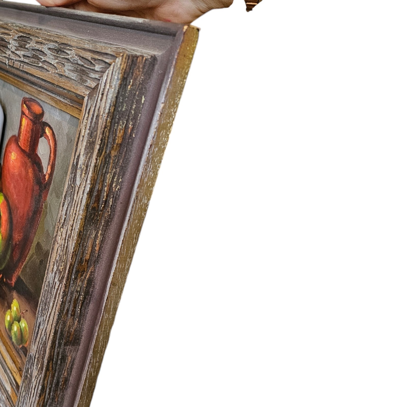 Vintage Still Life Fruit Bowl Oil Painting Apple Canvas Wood Frame Midcentury