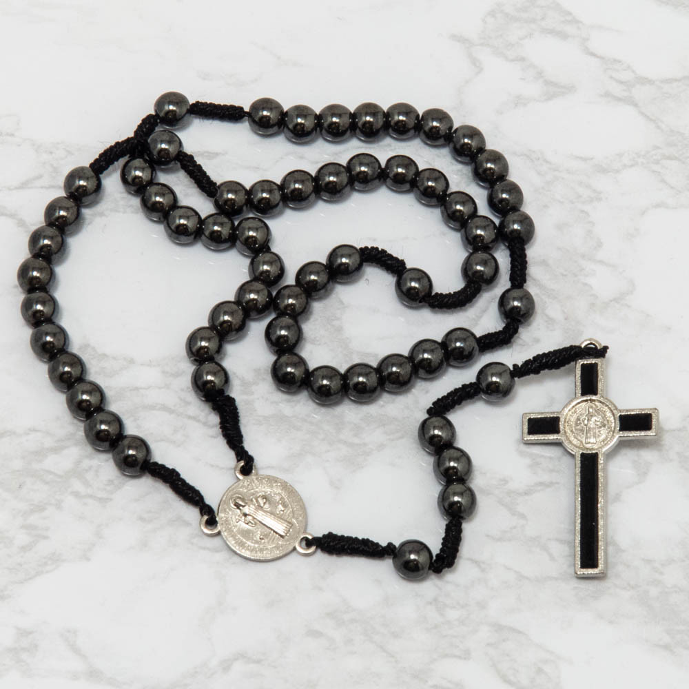 Saint St Benedict Medal Cord Rosary Black Hematite Beads Rosario San Benito 12"