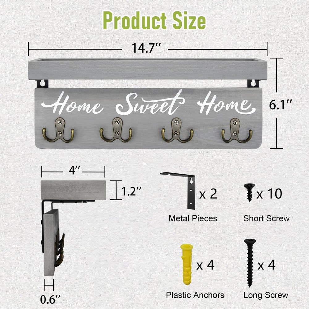 buways Key Holder Wall Mount with 4 Double Hooks-Solid Wood 15lb, Gray