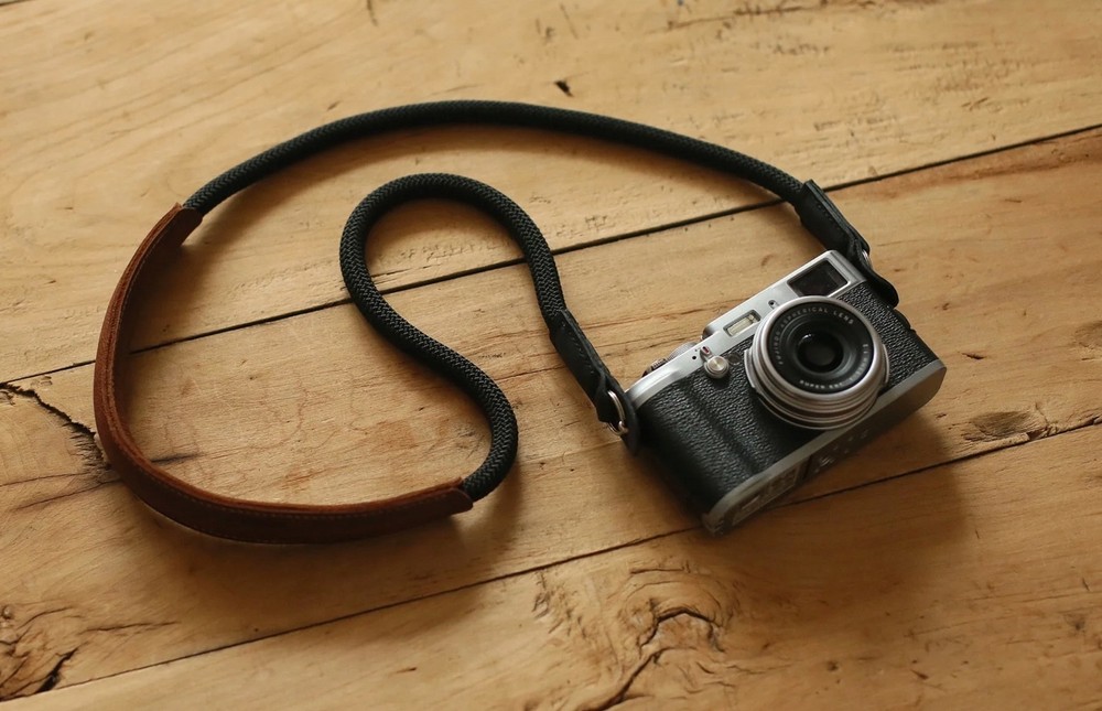 Handmade Rope Camera Strap with Brown Leather Shoulder Pad