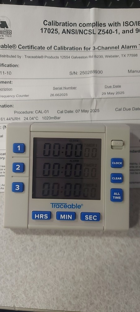 TRACEABLE 5000 Alarm Timer, Count Down,Count Up, 100hr 8URJ6 3 Channel