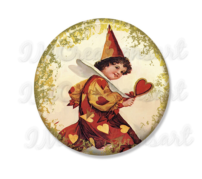Retro Jester Child Valentine - Handmade Pocket Mirror, Magnet, or Pin 2.25"