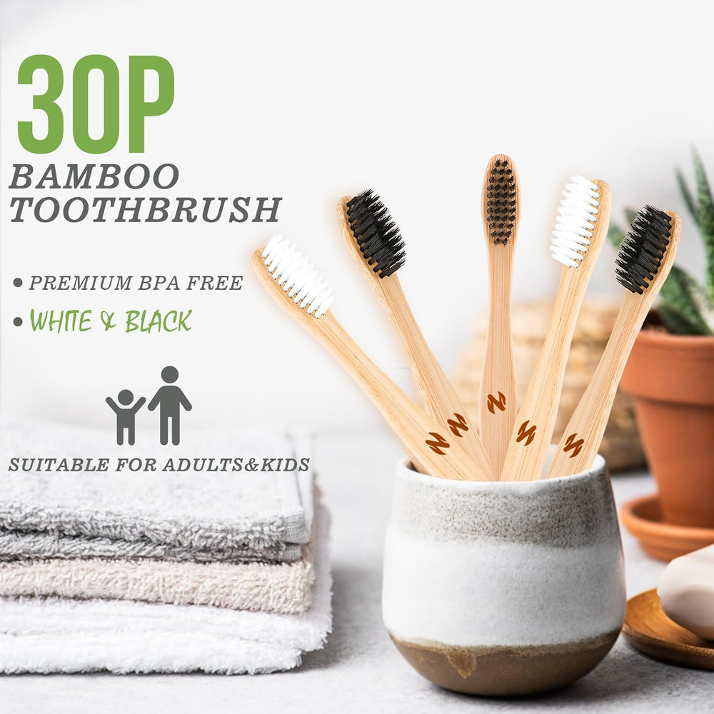30 Pack Bamboo Toothbrushes Medium Bristles Eco Friendly Biodegradable Bulk Set