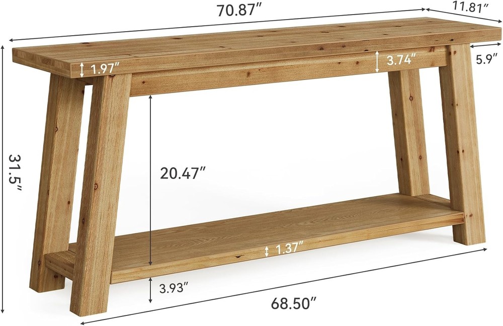 70.9" Solid Wood Console Table Entryway 2-Tier Sofa Table Behind Couch Farmhouse
