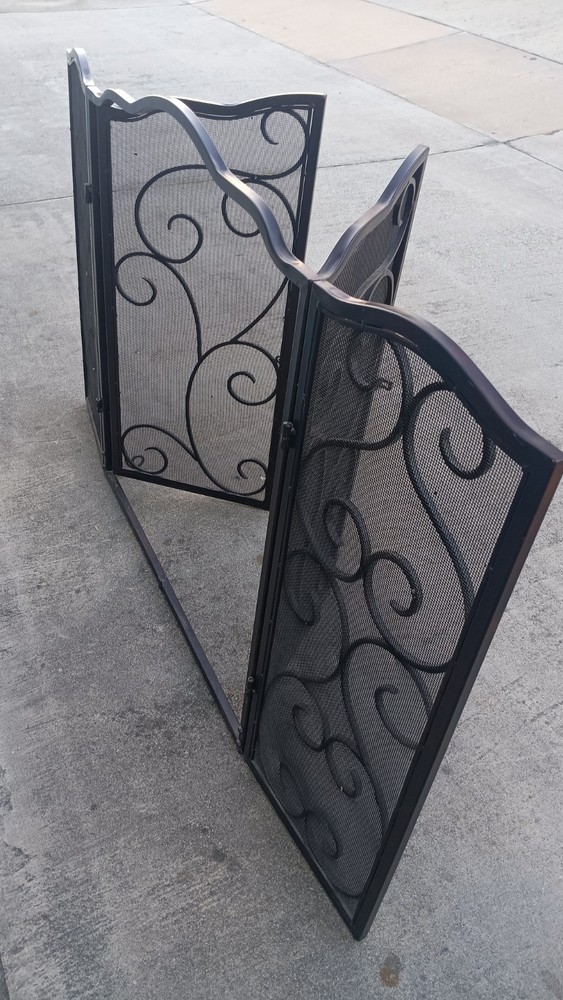 Modern 3 Panel Iron Folding Fireplace Screen with Doors, Black