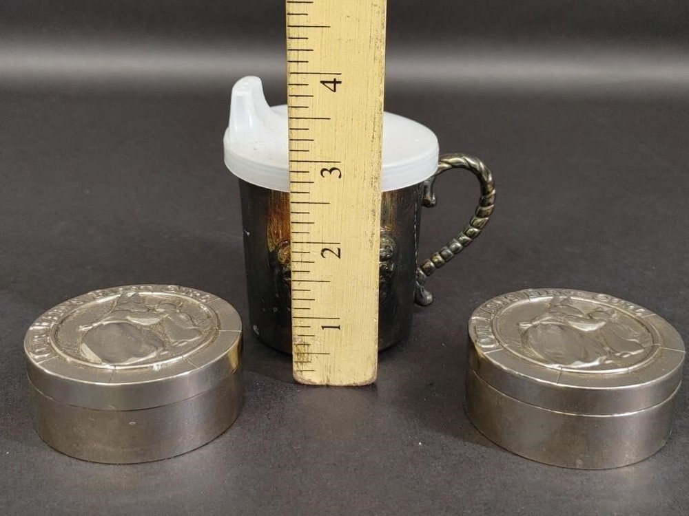 VTG Gorham Silverplate Baby Cup & 2 Godinger Silver First Curl Trinket Boxes