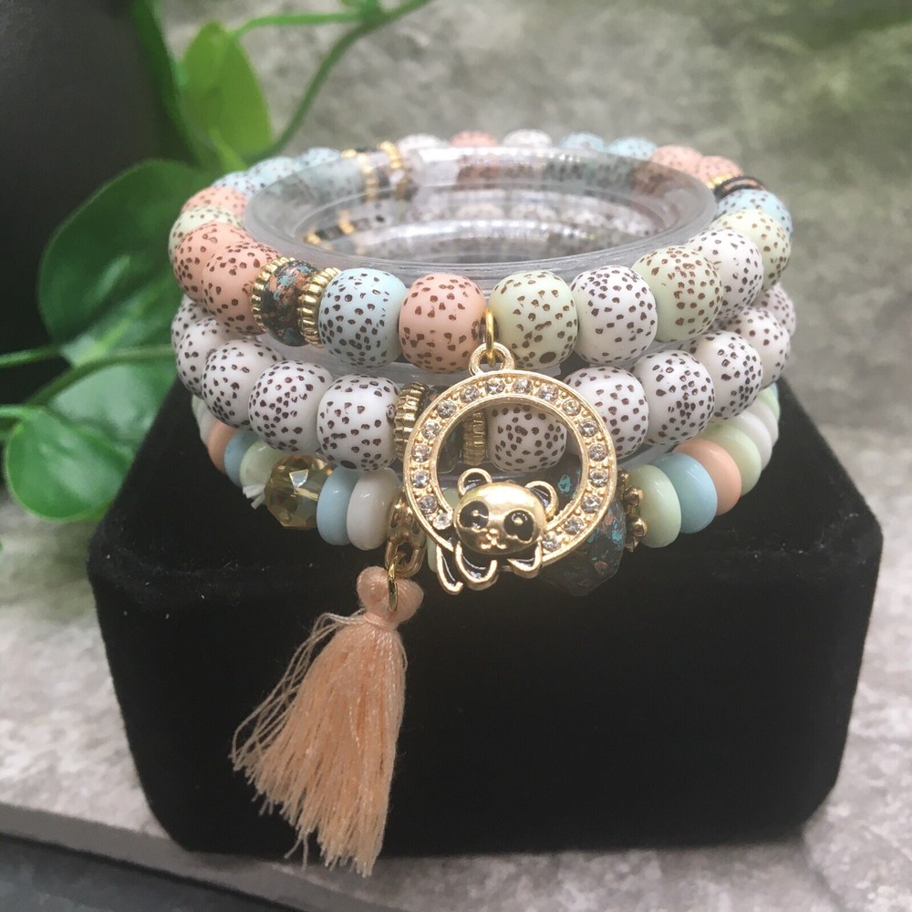 3 PC Handmade Boho Beaded Stackable 6.50" Plus Stretch Panda Bracelet Set A788