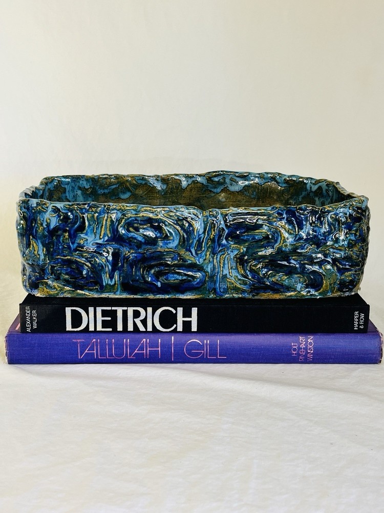 Vintage Ceramic Planter in Brutalist MCM Style Blue and Green Rectangular