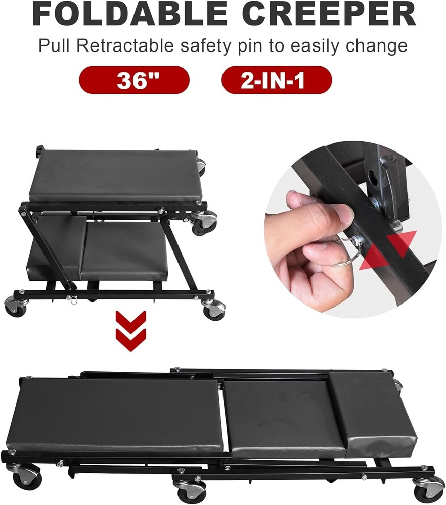 36" Foldable Automotive Creeper and Stool Combo for Comfortable Auto Repairs