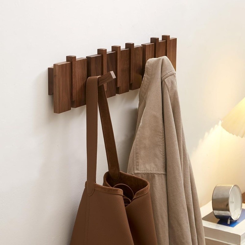 Handmade Wood Coat Rack Wall Mount Solid Walnut Piano Keys Design Space Saving