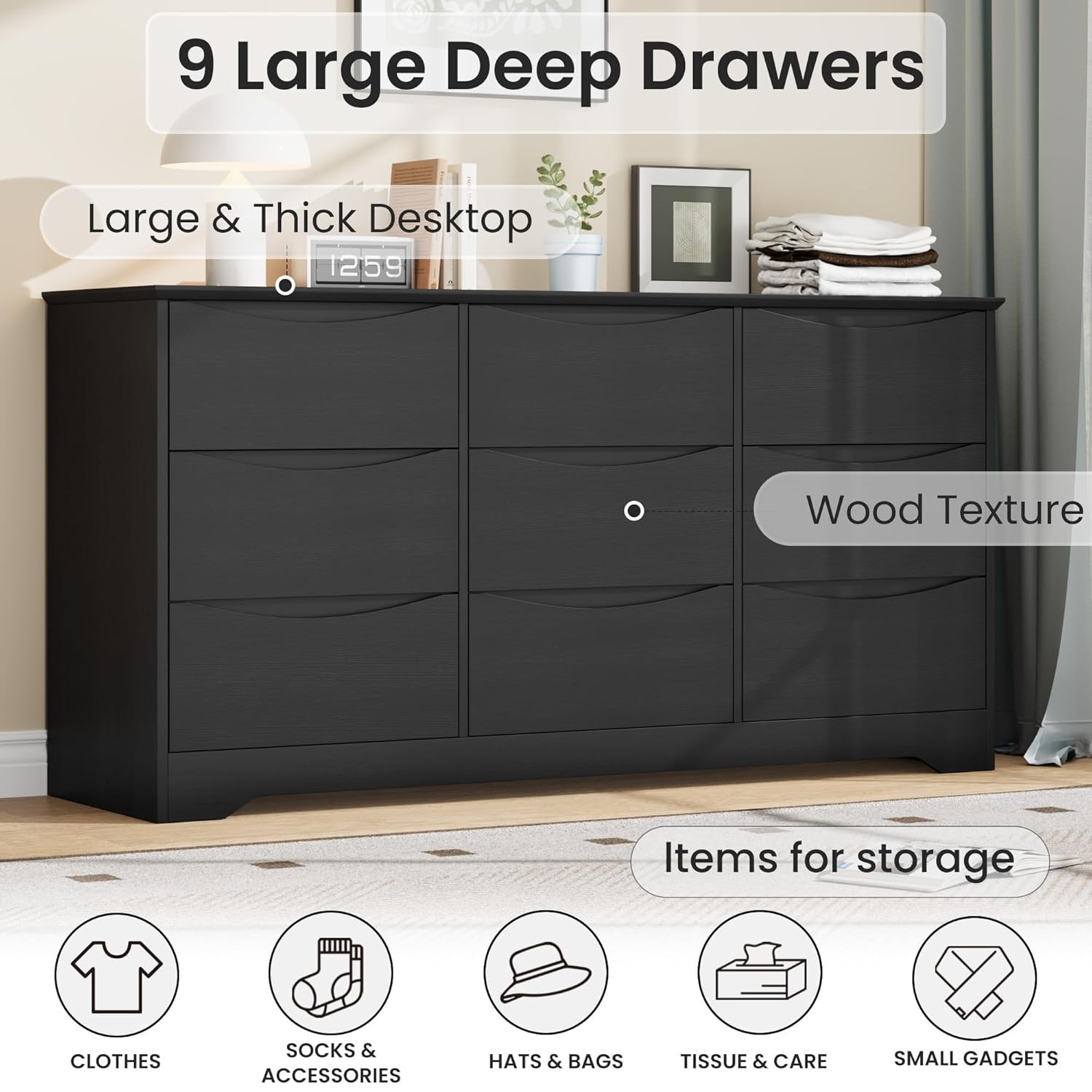 Wooden Dresser with 9 Drawers, Large Chest of Drawers with Wide Top for Bedroom