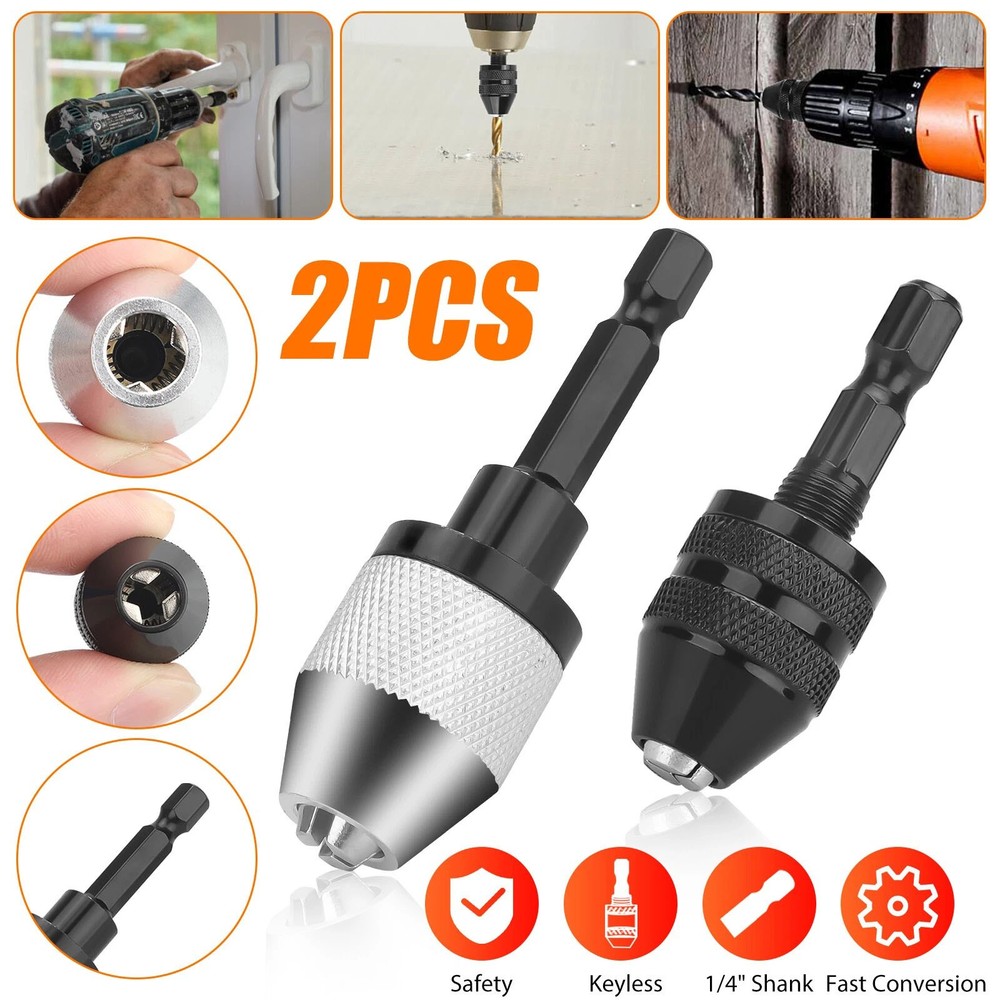 2x Keyless Drill Chuck Adapter 1/4" Hex For Power Tool Quick Change Accessory