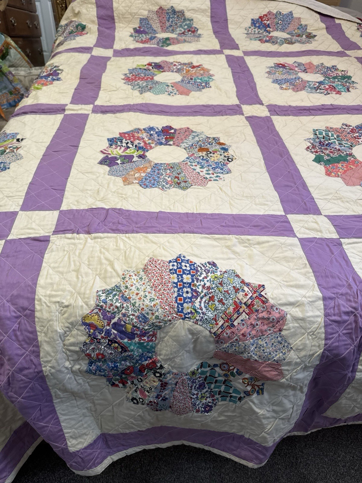 Vintage Dresden Plate Patchwork Quilt Blanket 1940s 1950s Feedsack 89x89