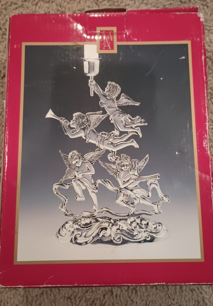 GODINGER Silver Candle Holder ANGELS Musical Instruments Cherubs 10"Tall BS3 NEW
