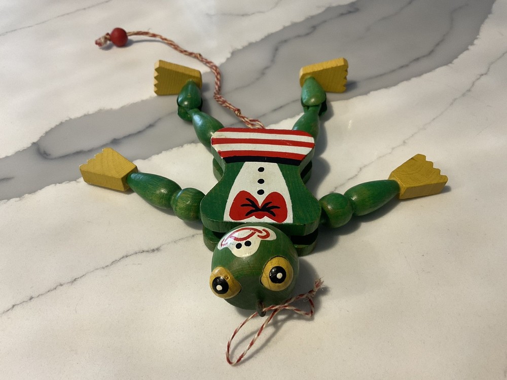 Vintage Austrian Wooden Frog Jumping Jack String Puppet