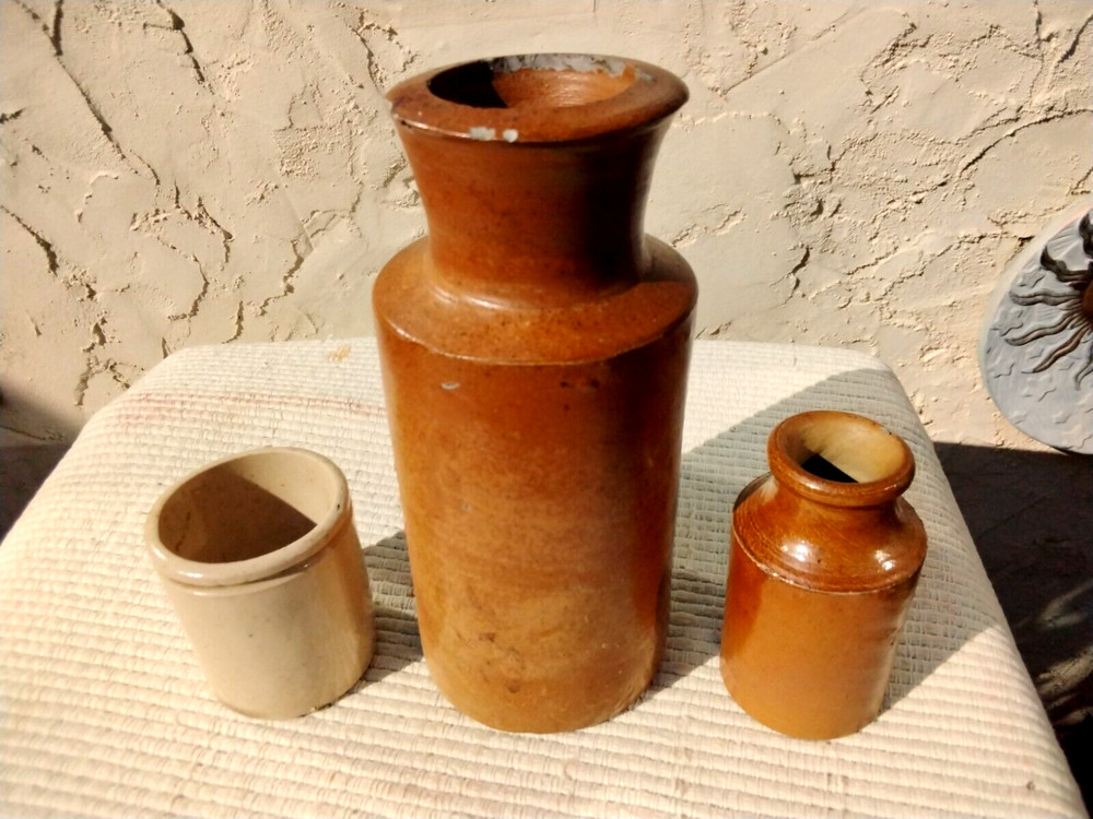 3 SMALL ANTIQUE STONEWARE BOTTLES JARS