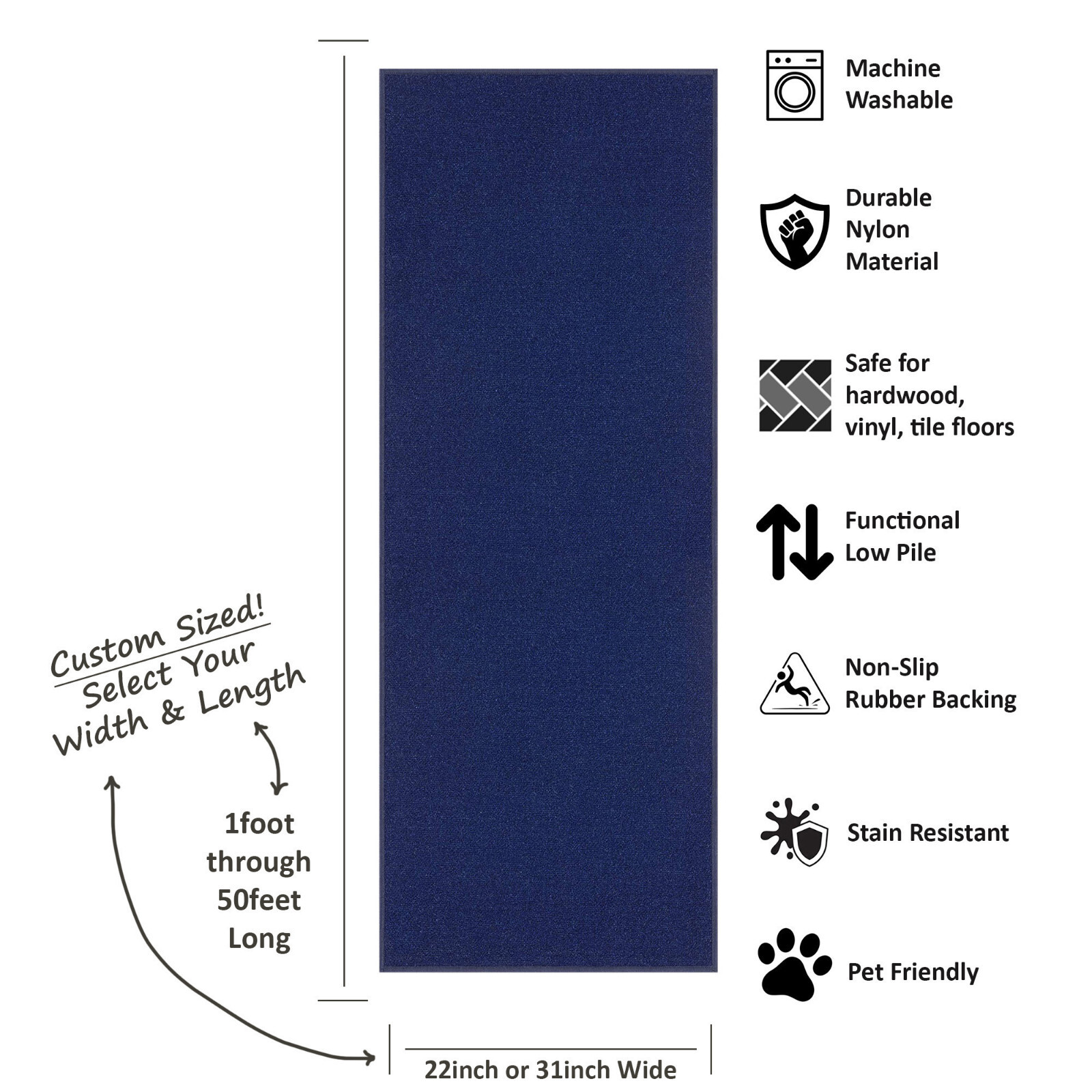 Custom Size NAVY BLUE Stair Hallway Runner Rug Rubber Back Non Skid 22" 26" 31"