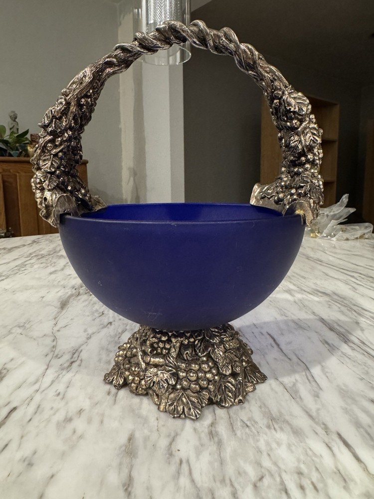 Vintage Davco Silver Ltd Cobalt Blue Bowl w/ Ornate Silver Tone Metal Basket