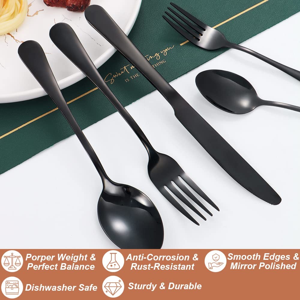 40 Pcs Black Silverware Set for 8, Mirror Polished Flatware Set Stainless Ste...