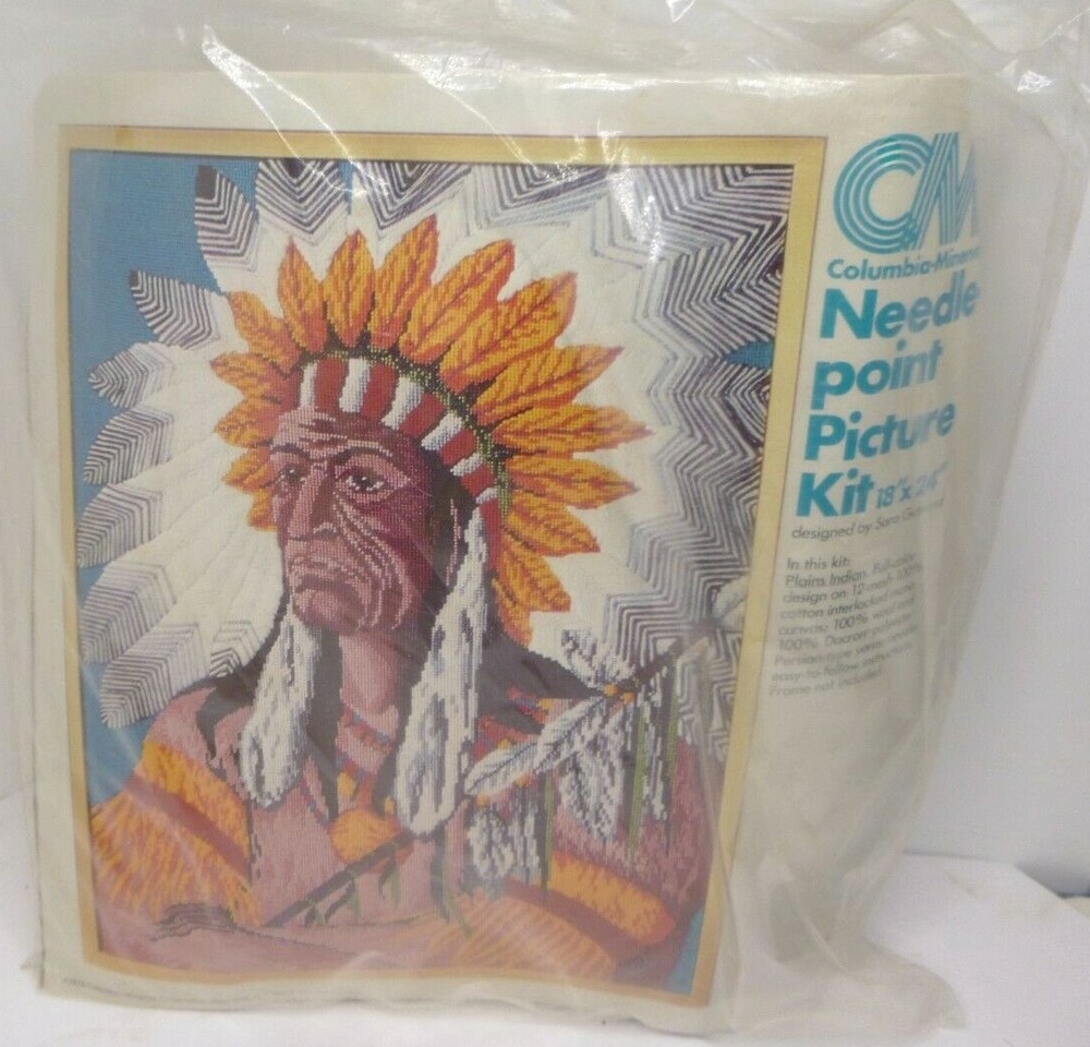 Columbia Minerva 2480 plains Indian Needlepoint Picture Kit native Ameri 1976