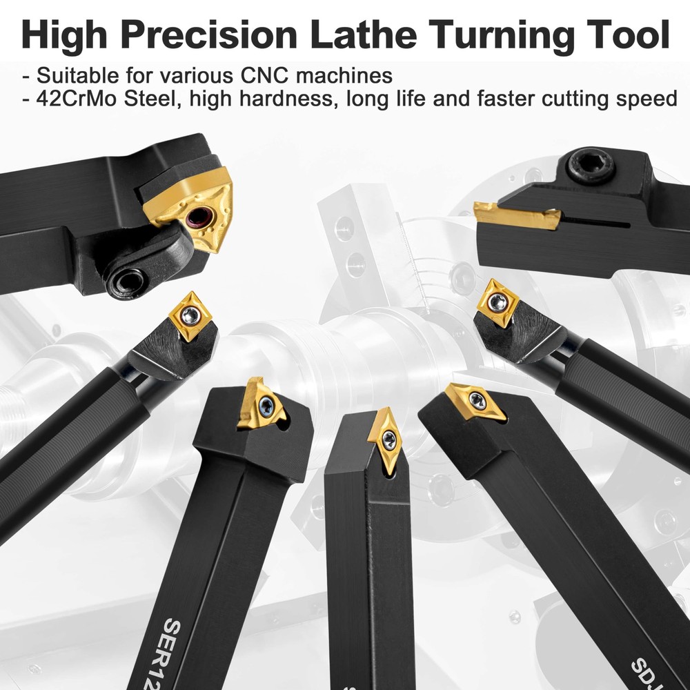 7PCS 1/2" Indexable Carbide Lathe Cutting Tools Inserts Turning Grooving Boring
