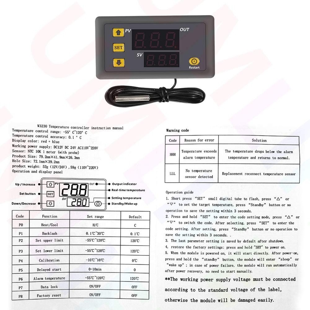 Digital Temperature Controller, W3230 AC110-220V LED Digital Temperature Cont...