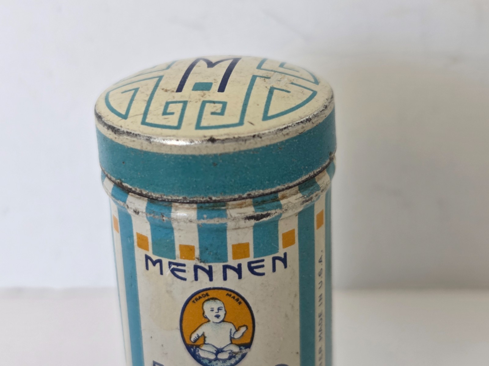 Vintage Mennen Borated Talcum Tin Baby Powder USA Sample Size Advertising Empty