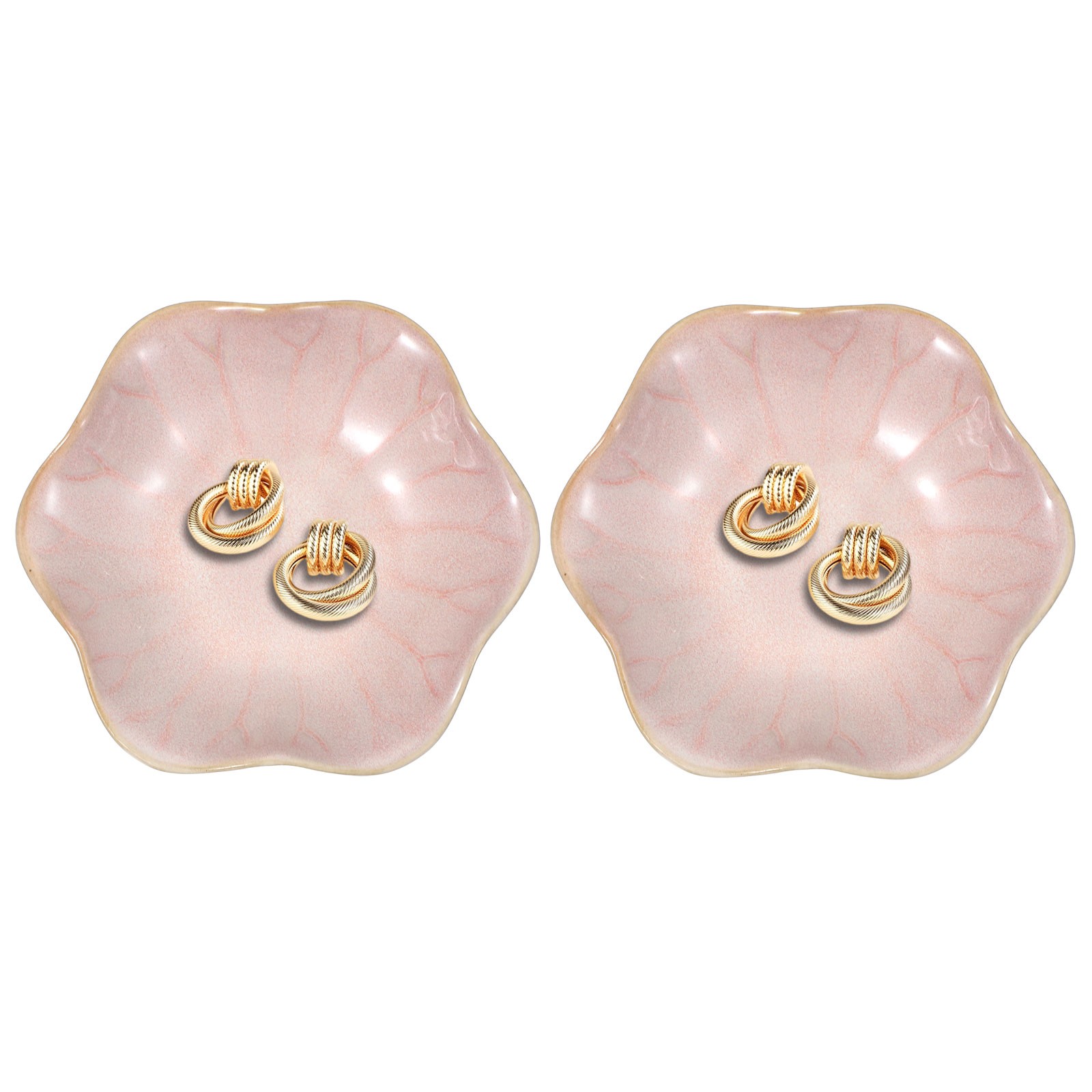 2Pcs Ceramics Jewelry Plate, Lotus Shape Small Ring Tray Key Holder Bowl, Pink